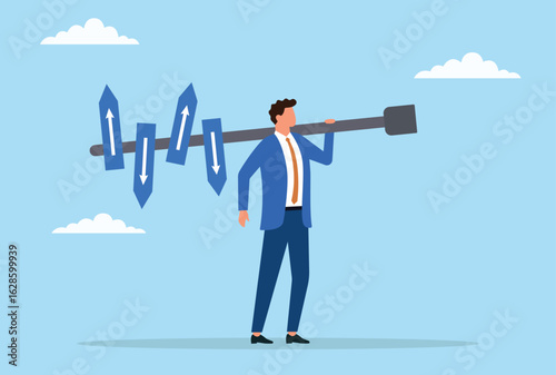 Vector illustration of a businessman carrying a signpost with multiple directions on his shoulder, symbolizing the heavy burden of making complex decisions in business