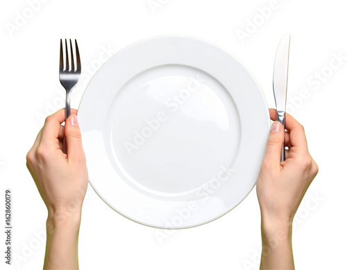 Hands Holding Fork and Knife Over Empty Plate, Top View Mealtime Concept, Transparent PNG
