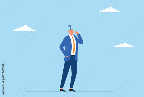 Vector illustration of a confused businessman with a question mark above his head, symbolizing uncertainty, decision making challenges, or strategic dilemma in business