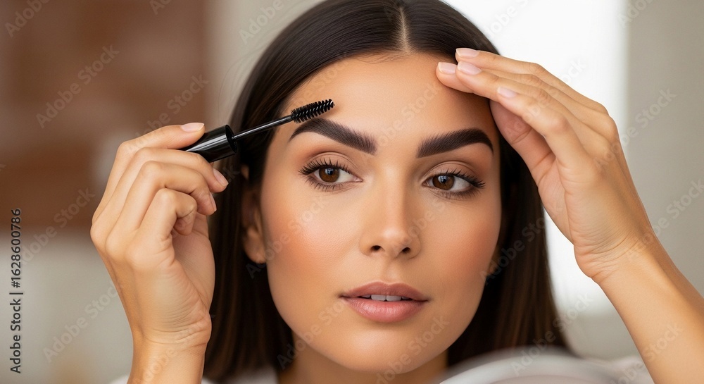 Fototapeta premium Young woman applies eyebrow makeup with a brush, focusing on her beauty routine and self-care in a close-up indoor shot.