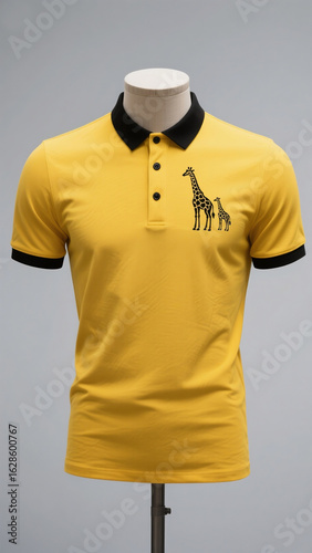 Bright Yellow Polo Shirt with Black Giraffe Design and Stylish Contrast Trim
