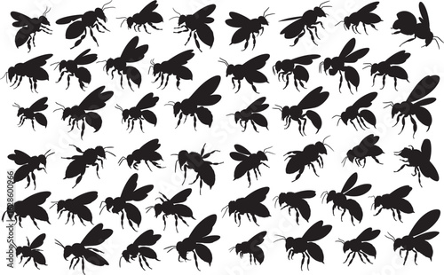 Collection of bee silhouettes isolated on transparent background.