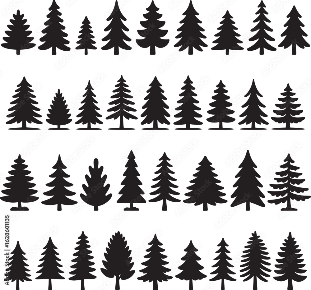 Fototapeta premium Collection of pine trees silhouette isolated on transparent background.