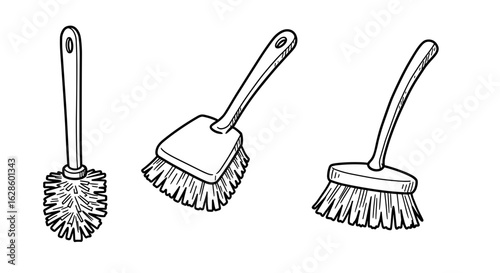 Outline Set 3 Icons of Different Toilet Brushes in Black on White  