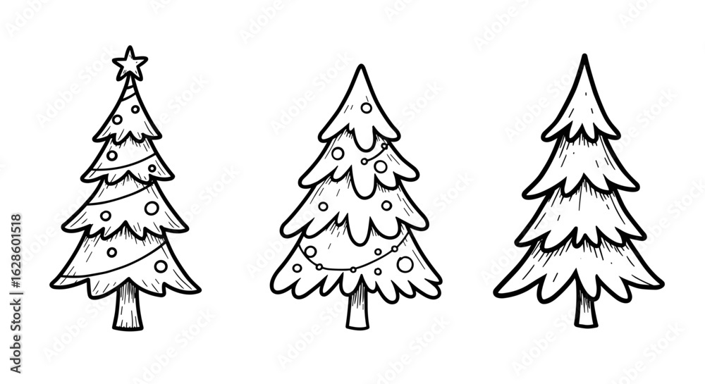 Obraz premium Outline Set of 3 Christmas Trees in Doodle Style on White Background 