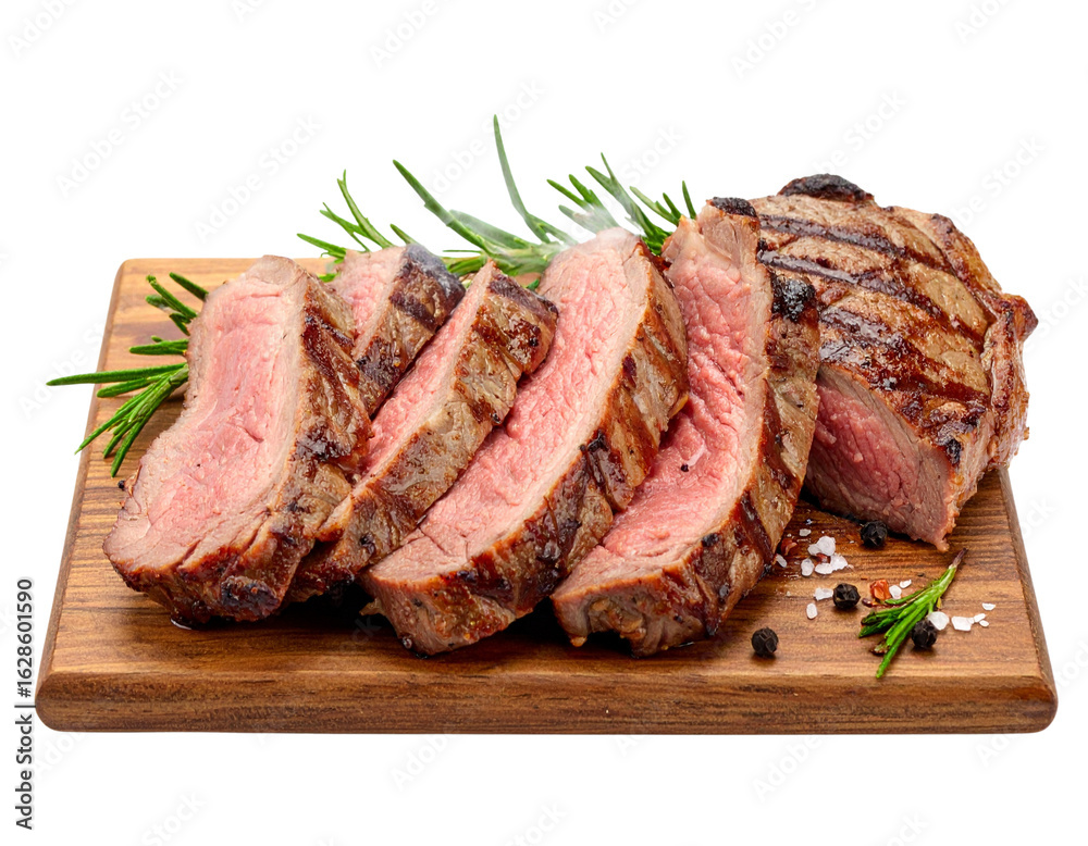 Fototapeta premium Sliced Grilled Meat on Wooden Cutting Board with Smoke Effect, Isolated on White PNG