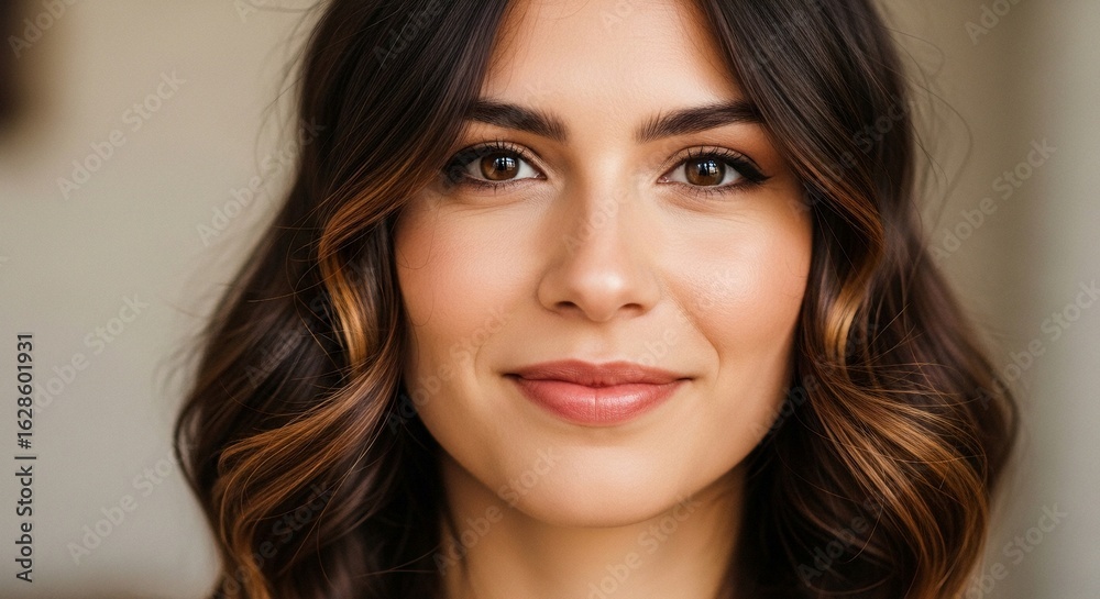 Naklejka premium Close-up portrait of a beautiful young woman with brown hair and a gentle smile, exuding natural beauty and confidence.