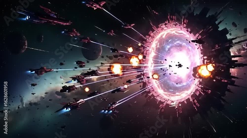 Epic Space Battle with Explosions and Spacecraft Near a Bright Portal