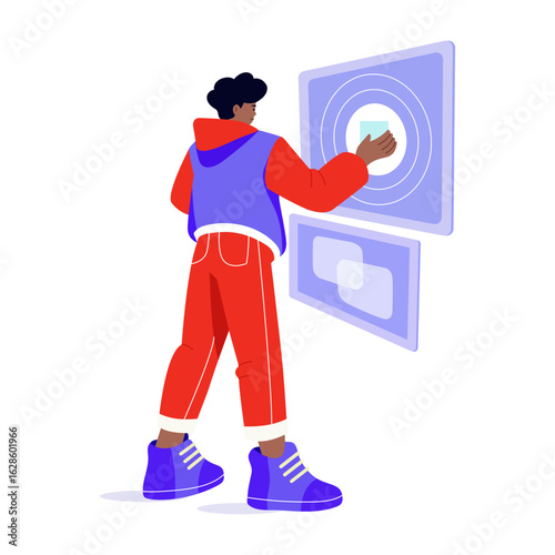 A flat style illustration depicting a person using touchscreen