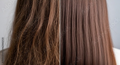 Before and after close-up of a woman's brown hair, transformed from dry, damaged, and frizzy to smooth, healthy, and shiny.