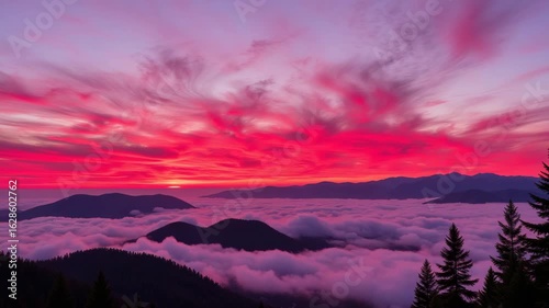 Silhouettes of Trees in Pink Morning Fog over Mountain Landscape  