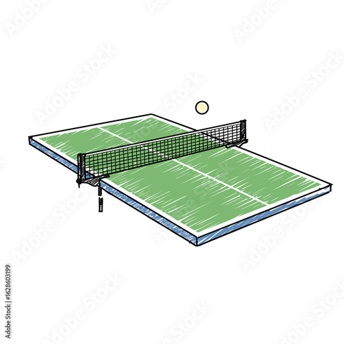 Table tennis court with net and ball in simplistic illustration  