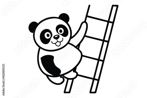 Cartoon Panda Ascending a Ladder Playfully Whimsical Black and White Drawing with Cute Expression and Simple Line Art Style