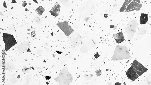 Terrazzo marbled floor texture in black and white showcasing polished granite stone. Terrazzo texture with black and gray fragments on white background for modern interior design style. 