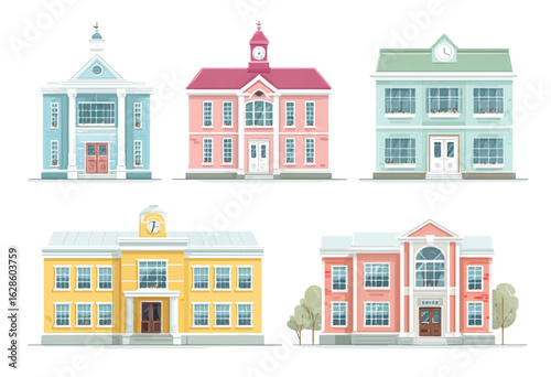 Colorful Cartoon Buildings Collection Vector Illustration Featuring Schools and Government Buildings Architecture Style Variety for Educational or City Concepts