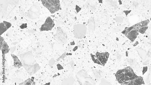 Terrazzo marbled floor texture in black and white showcasing polished granite stone. Terrazzo texture with black and gray fragments on white background for modern interior design style. 