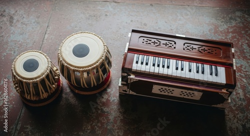 Indian classical music instruments tabla and harmonium on wooden surface