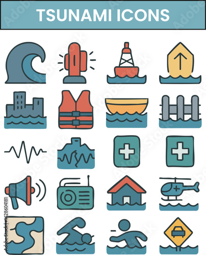 Tsunami Icons Disaster Warning Symbols.