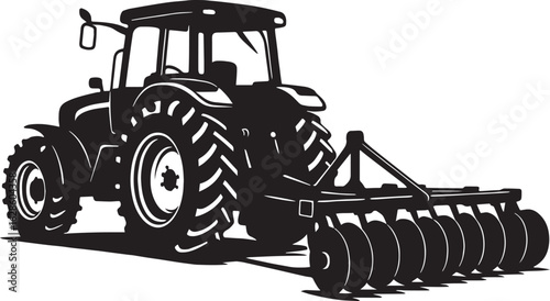 Black-and-White Silhouette of a Tractor Pulling a Disc Harrow for Field Tillage, Isolated on White Background