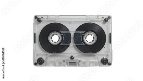 Clear Plastic Cassette Tape with Black Magnetic Reels – Vintage Audio Media Photo on Transparent Background