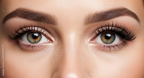 Close-up of a woman's face featuring striking hazel eyes, perfectly shaped eyebrows, and long, dark lashes, conveying beauty, health, and attention to detail in cosmetic enhancements.