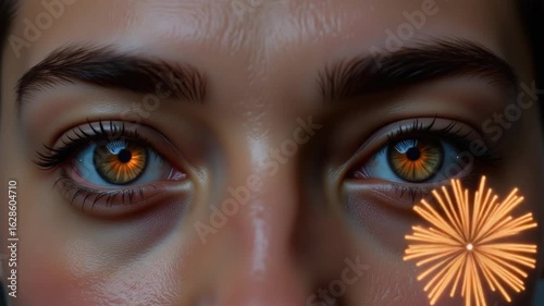 Close-up of Eyes with Reflected Fireworks and Bright Orange Sparkler  
