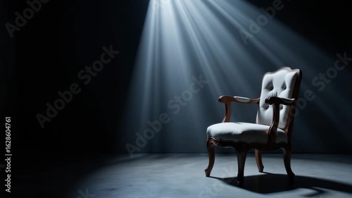 Cinematic light falling on empty chair in dark background  