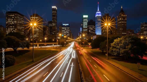 City traffic from above with blur effect at night in urban setting  