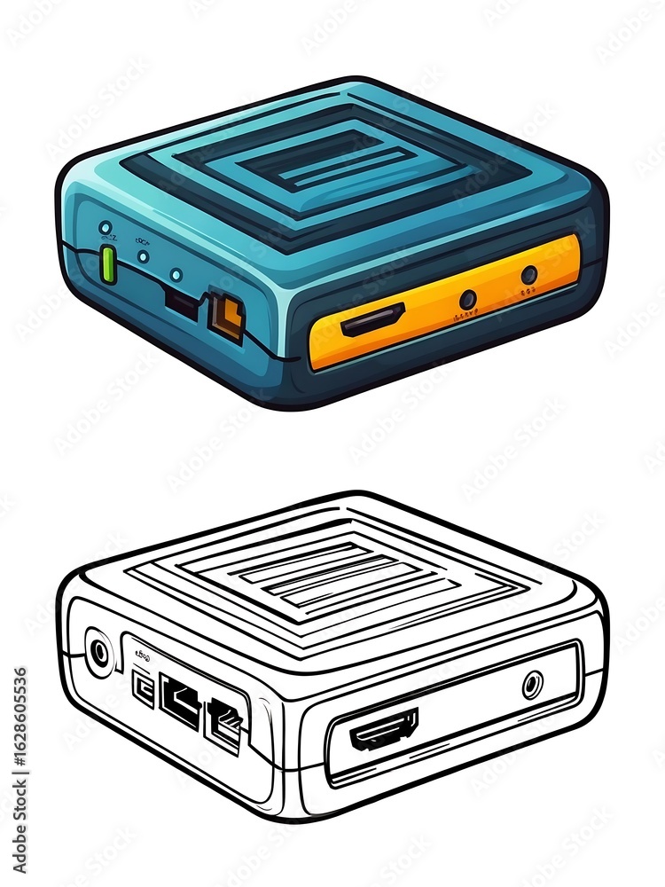 Fototapeta premium Cartoon Style Media Box with Ports and Connections