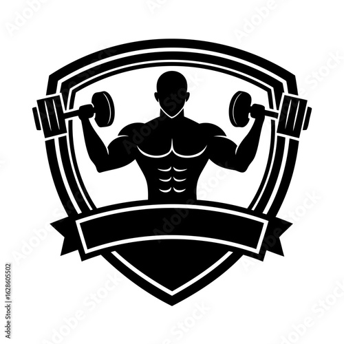Powerful Muscular Man Holding Dumbbells Shield Emblem Gym Workout Strength Training Fitness