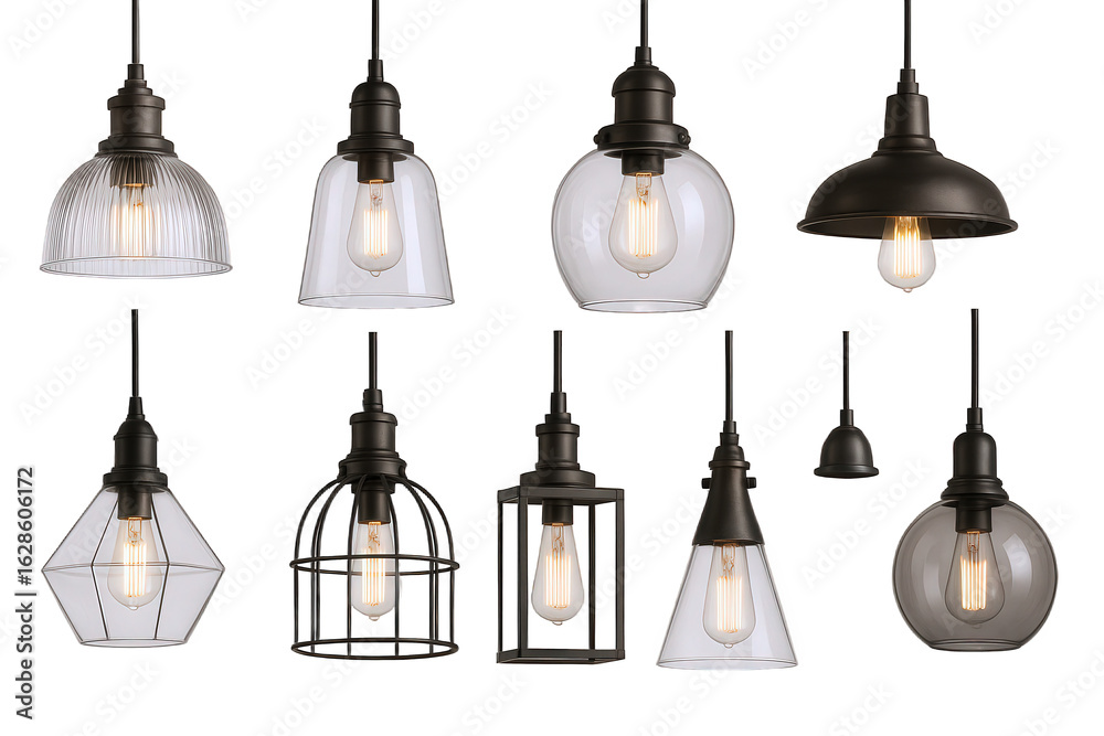 Obraz premium Collection of Diverse Industrial Style Pendant Lights Featuring Glass and Metal Fixtures with Exposed Bulbs