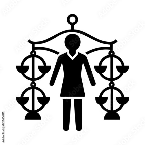 A woman stands centered between two sets of weighing scales symbolizing justice and balance