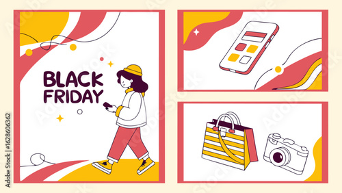 Illustration featuring black friday text with a person, phone, shopping bag and camera in separate frames