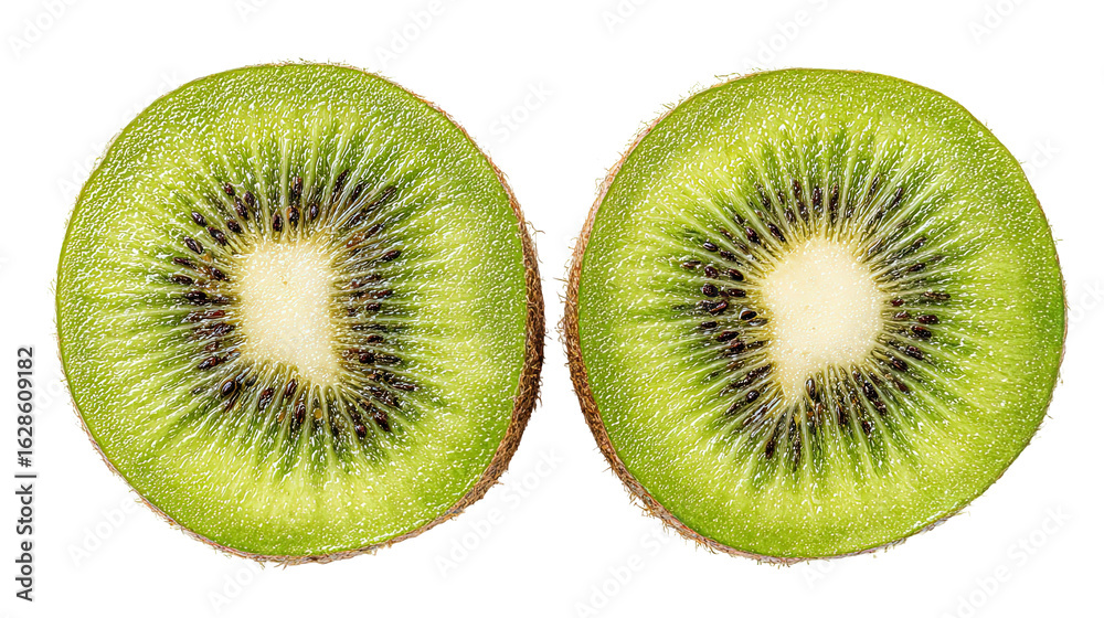 Fototapeta premium Close-up Photography of Two Sliced Kiwi Fruits: Vibrant Green, Detailed Texture, Perfect for Culinary, Health, and Wellness Content
