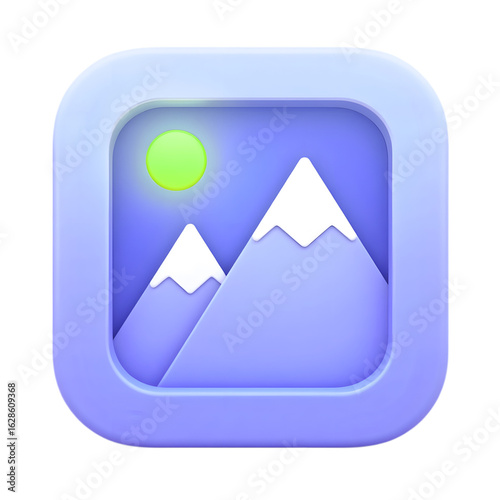 3D icon of a picture frame with mountains and sun on white background image gallery