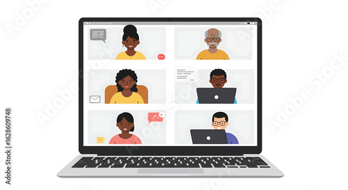 Digital Gathering: Six individuals engage in a virtual meeting on a laptop, representing remote collaboration, teamwork, and the digital landscape of communication.