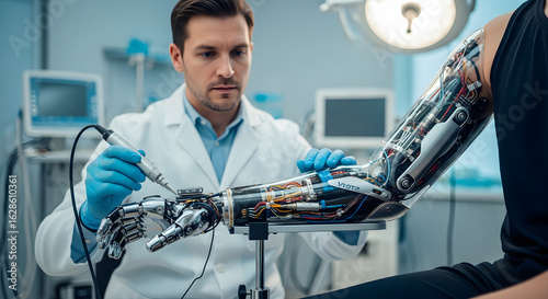 Innovation in Motion: An engineer's precision hands-on work to meticulously examine a patient's advanced bionic arm in a high-tech environment of advanced medical technology.