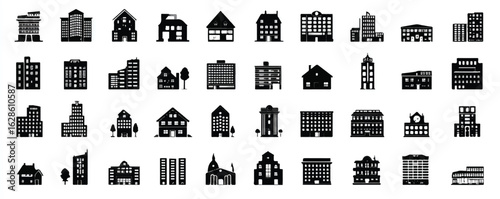 Diverse collection of building icons architectural silhouette concepts showcasing cityscapes town planning and real estate development design elements in monochrome