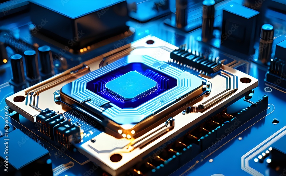 Fototapeta premium Luminous Blue Quantum Processor Core Glowing on a Futuristic Motherboard.
