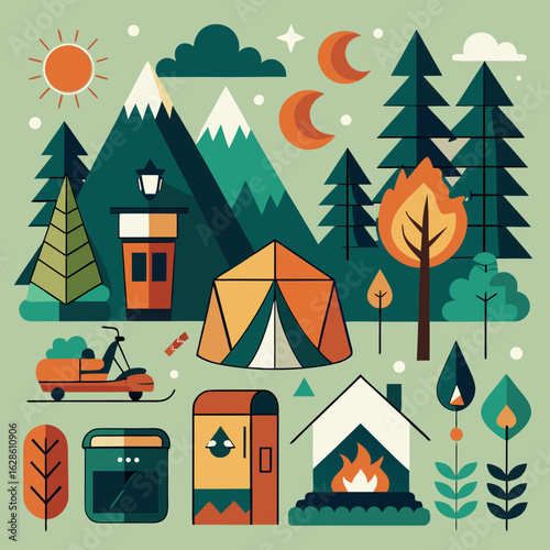 Eco‑Tourism Camping Icon Collection – Forest Adventure & Sustainable Travel
