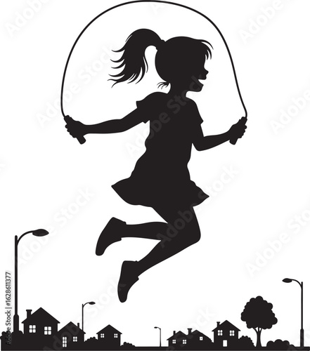 Young girl jumping rope in a park silhouette