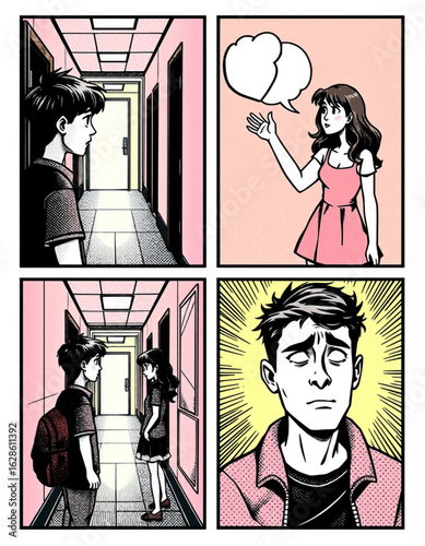 Four panel comic strip depicting a boy and girl in a school hallway with speech bubble and glowing effect
