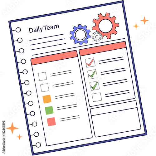 Daily team checklist on a sheet of paper with gears and checkmarks and color coded boxes for priorities