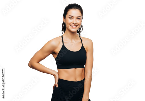 Smiling fit woman in black sports bra and black leggings isolated on transparent background