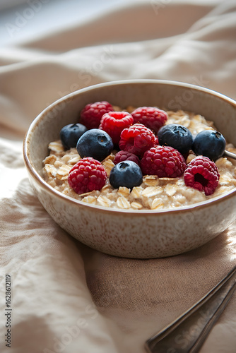 Wallpaper Mural Brown oat bowl shows red raspberries, blue blueberries. Linen backdrop catches soft light. For breakfast, food blogging, or healthy eating posters. Torontodigital.ca