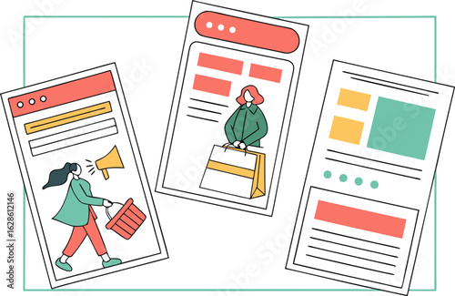 Three stylized web pages featuring shopping themes with people and layouts in a light color palette design