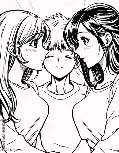 Two anime girls flanking a smiling anime boy in a black and white manga style illustration art piece