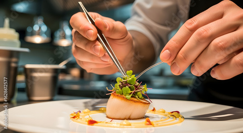 Culinary Artistry: A chef expertly plates a meticulously prepared scallop dish in a commercial kitchen, showcasing precision and culinary expertise.