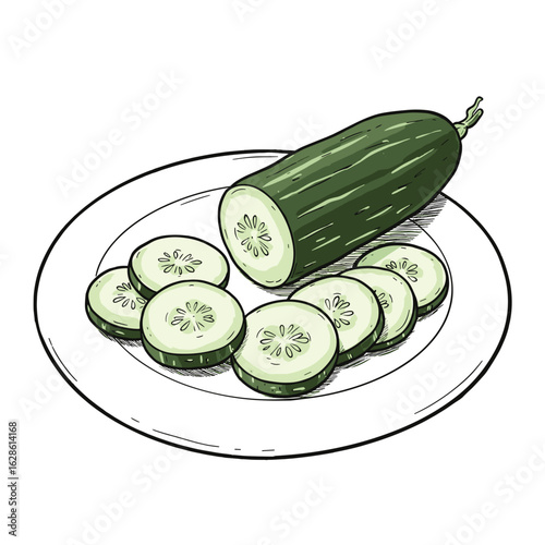 Black and white illustration of sliced cucumber on plate isolated on white background