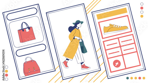 Illustration of three mobile app screens displaying a bag, a woman, and a shoe in a modern design